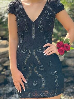 Sherri Hill Black Embellished V-Neck Mini Dress